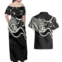 Aloha Hawaii Kalo Pikake Lei Couples Matching Off Shoulder Maxi Dress and Hawaiian Shirt Chest Tattoo Black Hawaiian Pattern LT14 - Polynesian Pride