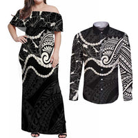 Aloha Hawaii Kalo Pikake Lei Couples Matching Off Shoulder Maxi Dress and Long Sleeve Button Shirt Chest Tattoo Black Hawaiian Pattern LT14 Black - Polynesian Pride