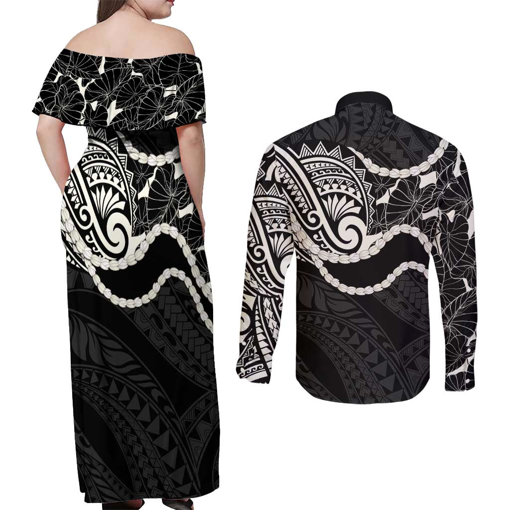 Aloha Hawaii Kalo Pikake Lei Couples Matching Off Shoulder Maxi Dress and Long Sleeve Button Shirt Chest Tattoo Black Hawaiian Pattern LT14 - Polynesian Pride