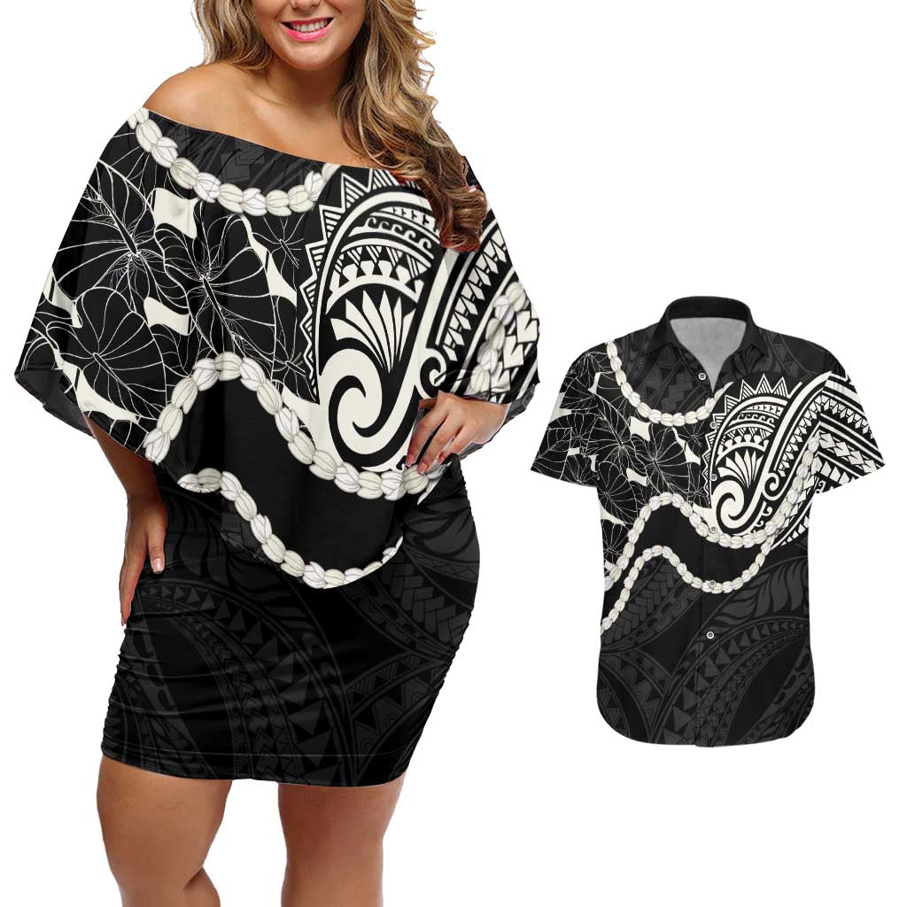 Aloha Hawaii Kalo Pikake Lei Couples Matching Off Shoulder Short Dress and Hawaiian Shirt Chest Tattoo Black Hawaiian Pattern LT14 Black - Polynesian Pride