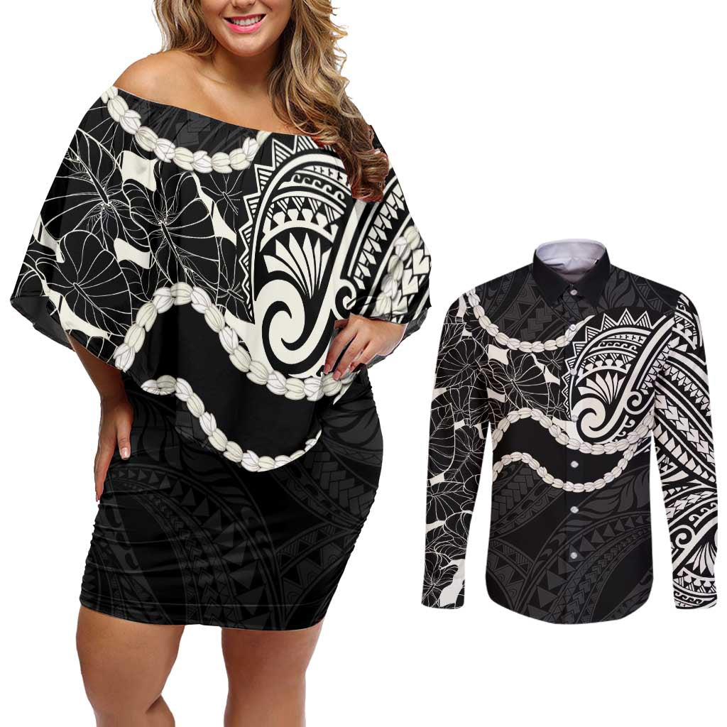 Aloha Hawaii Kalo Pikake Lei Couples Matching Off Shoulder Short Dress and Long Sleeve Button Shirt Chest Tattoo Black Hawaiian Pattern LT14 Black - Polynesian Pride