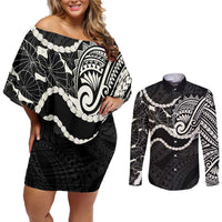 Aloha Hawaii Kalo Pikake Lei Couples Matching Off Shoulder Short Dress and Long Sleeve Button Shirt Chest Tattoo Black Hawaiian Pattern LT14 Black - Polynesian Pride