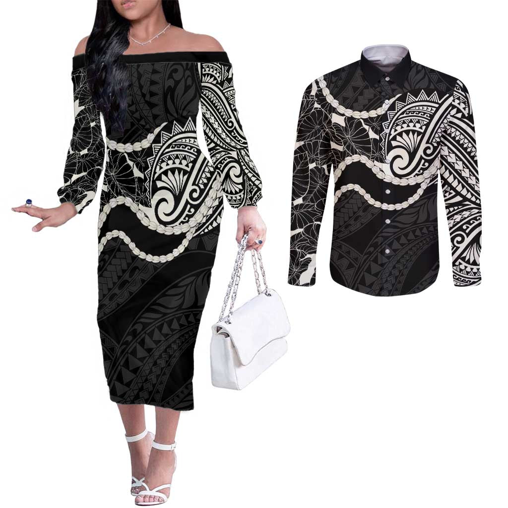 Aloha Hawaii Kalo Pikake Lei Couples Matching Off The Shoulder Long Sleeve Dress and Long Sleeve Button Shirt Chest Tattoo Black Hawaiian Pattern LT14 Black - Polynesian Pride