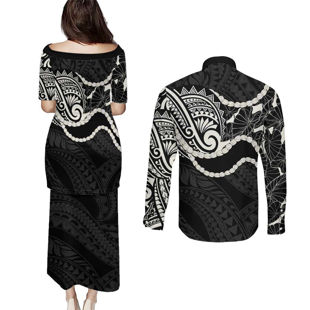 Aloha Hawaii Kalo Pikake Lei Couples Matching Puletasi and Long Sleeve Button Shirt Chest Tattoo Black Hawaiian Pattern LT14 - Polynesian Pride