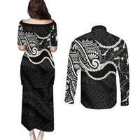 Aloha Hawaii Kalo Pikake Lei Couples Matching Puletasi and Long Sleeve Button Shirt Chest Tattoo Black Hawaiian Pattern LT14 - Polynesian Pride
