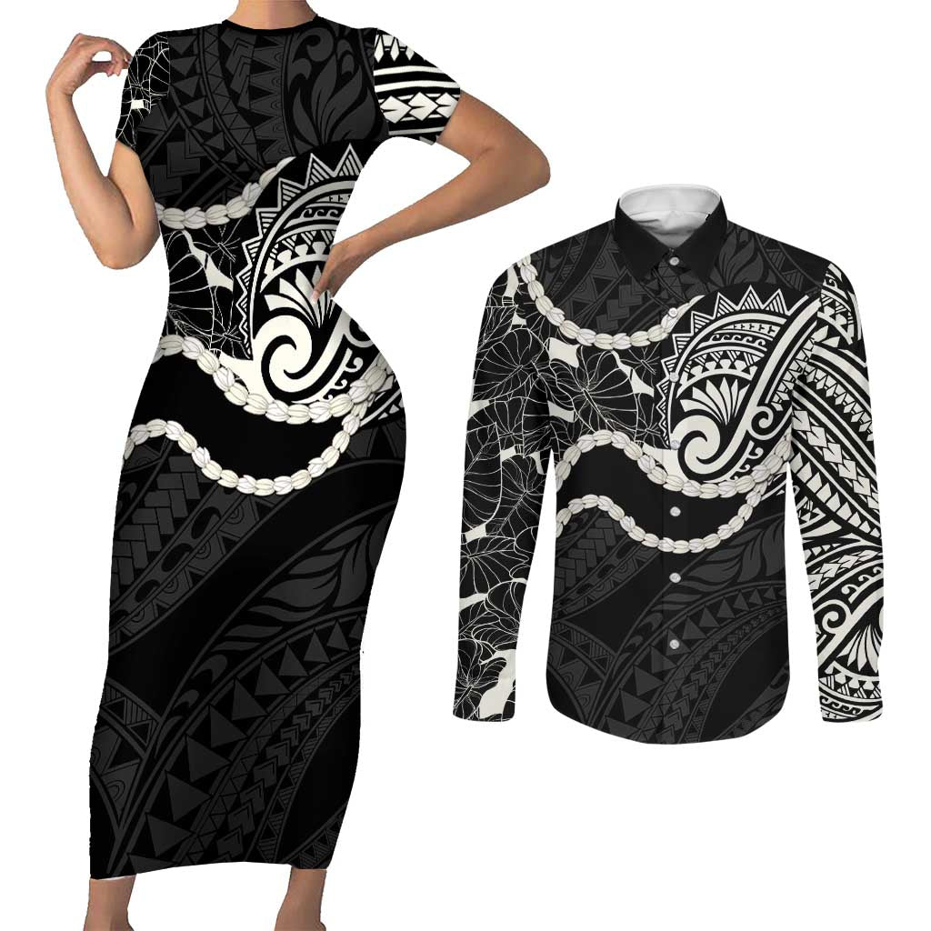Aloha Hawaii Kalo Pikake Lei Couples Matching Short Sleeve Bodycon Dress and Long Sleeve Button Shirt Chest Tattoo Black Hawaiian Pattern LT14 Black - Polynesian Pride