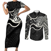 Aloha Hawaii Kalo Pikake Lei Couples Matching Short Sleeve Bodycon Dress and Long Sleeve Button Shirt Chest Tattoo Black Hawaiian Pattern LT14 Black - Polynesian Pride