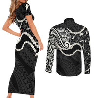 Aloha Hawaii Kalo Pikake Lei Couples Matching Short Sleeve Bodycon Dress and Long Sleeve Button Shirt Chest Tattoo Black Hawaiian Pattern LT14 - Polynesian Pride