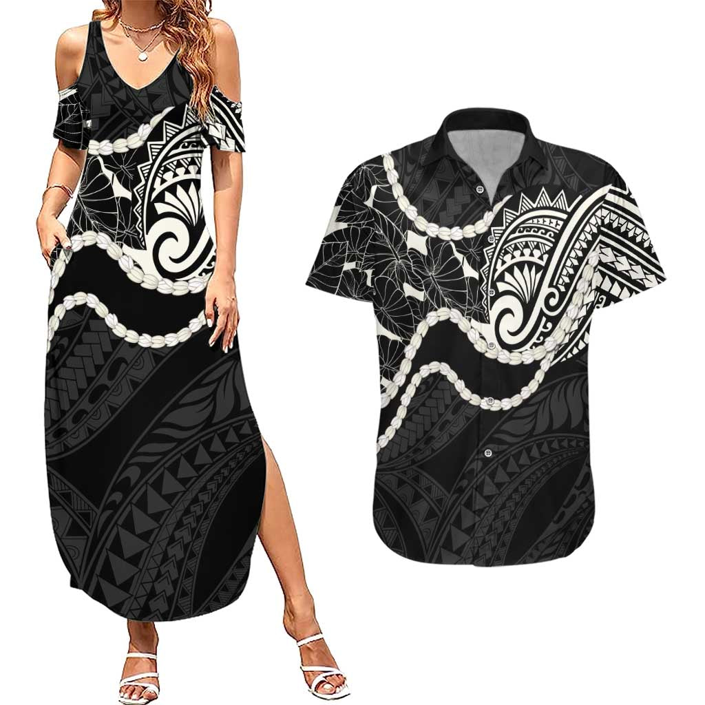 Aloha Hawaii Kalo Pikake Lei Couples Matching Summer Maxi Dress and Hawaiian Shirt Chest Tattoo Black Hawaiian Pattern LT14 Black - Polynesian Pride