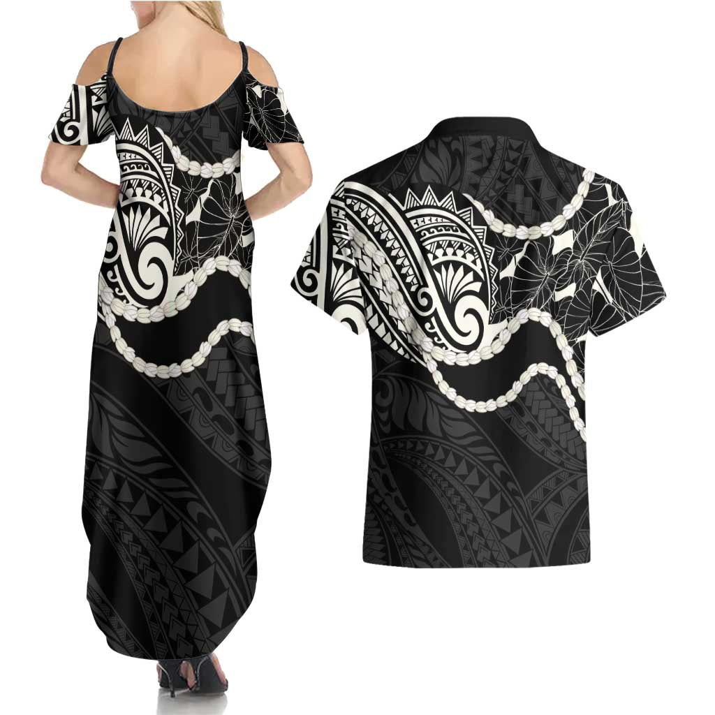 Aloha Hawaii Kalo Pikake Lei Couples Matching Summer Maxi Dress and Hawaiian Shirt Chest Tattoo Black Hawaiian Pattern LT14 - Polynesian Pride