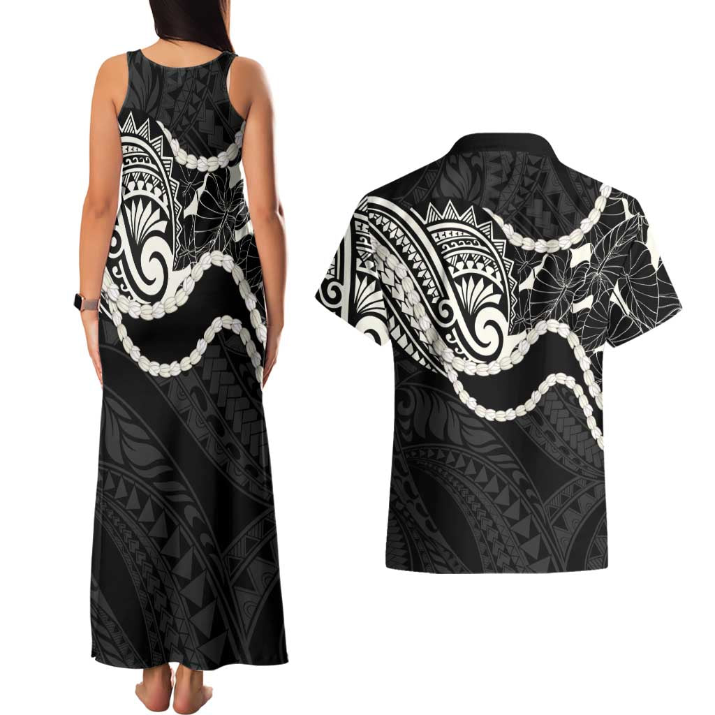 Aloha Hawaii Kalo Pikake Lei Couples Matching Tank Maxi Dress and Hawaiian Shirt Chest Tattoo Black Hawaiian Pattern LT14 - Polynesian Pride