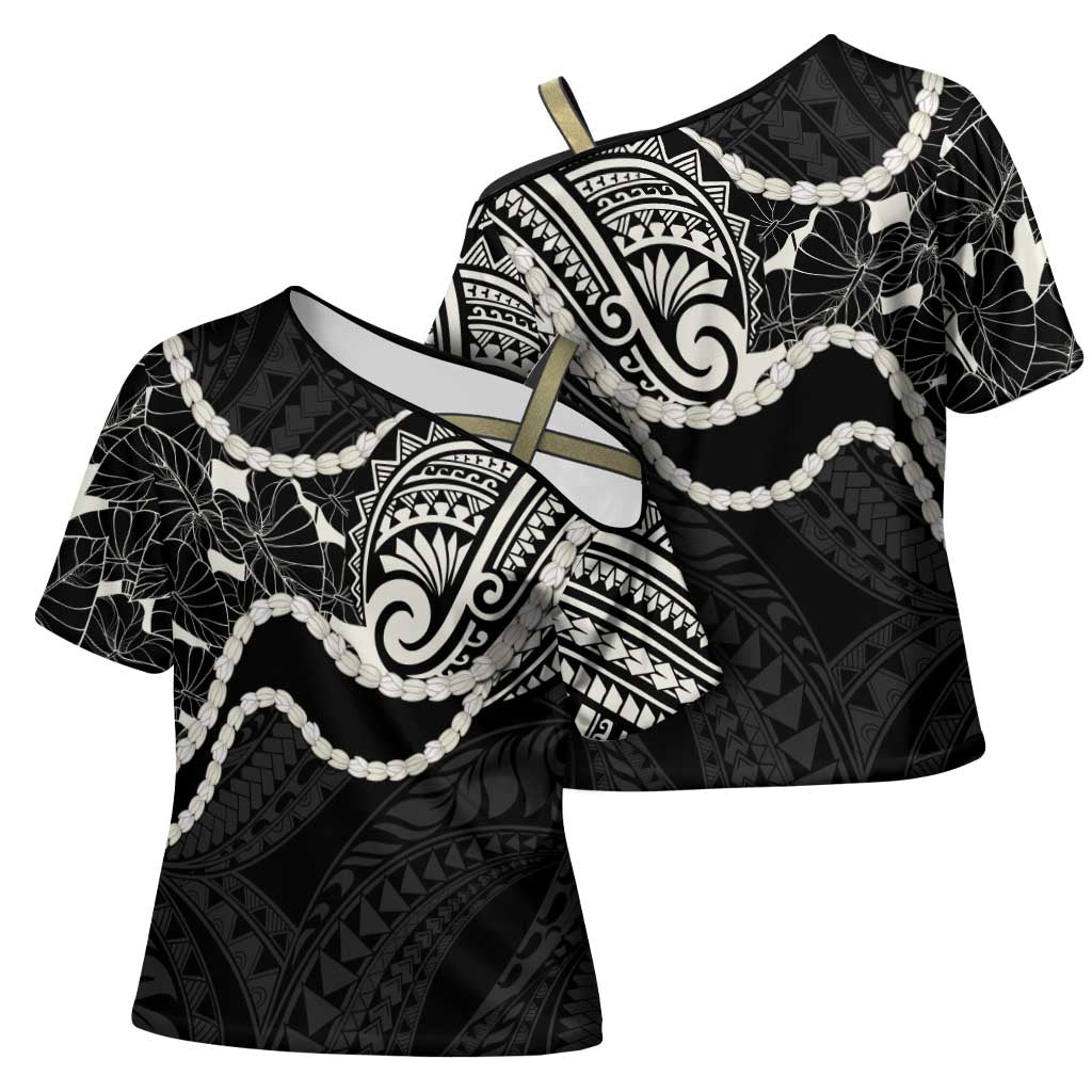 Aloha Hawaii Kalo Pikake Lei Cross Shoulder Shirt Chest Tattoo Black Hawaiian Pattern