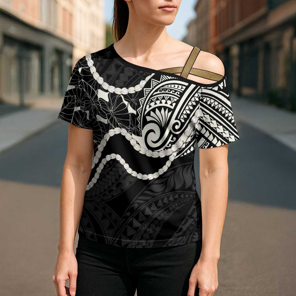 Aloha Hawaii Kalo Pikake Lei Cross Shoulder Shirt Chest Tattoo Black Hawaiian Pattern