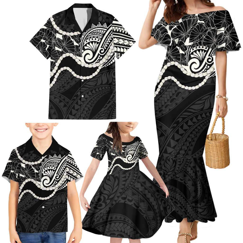 Aloha Hawaii Kalo Pikake Lei Family Matching Mermaid Dress and Hawaiian Shirt Chest Tattoo Black Hawaiian Pattern LT14 - Polynesian Pride
