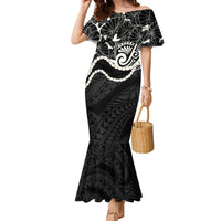 Aloha Hawaii Kalo Pikake Lei Family Matching Mermaid Dress and Hawaiian Shirt Chest Tattoo Black Hawaiian Pattern LT14 Mom's Dress Black - Polynesian Pride