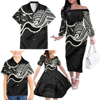 Aloha Hawaii Kalo Pikake Lei Family Matching Off The Shoulder Long Sleeve Dress and Hawaiian Shirt Chest Tattoo Black Hawaiian Pattern LT14 - Polynesian Pride