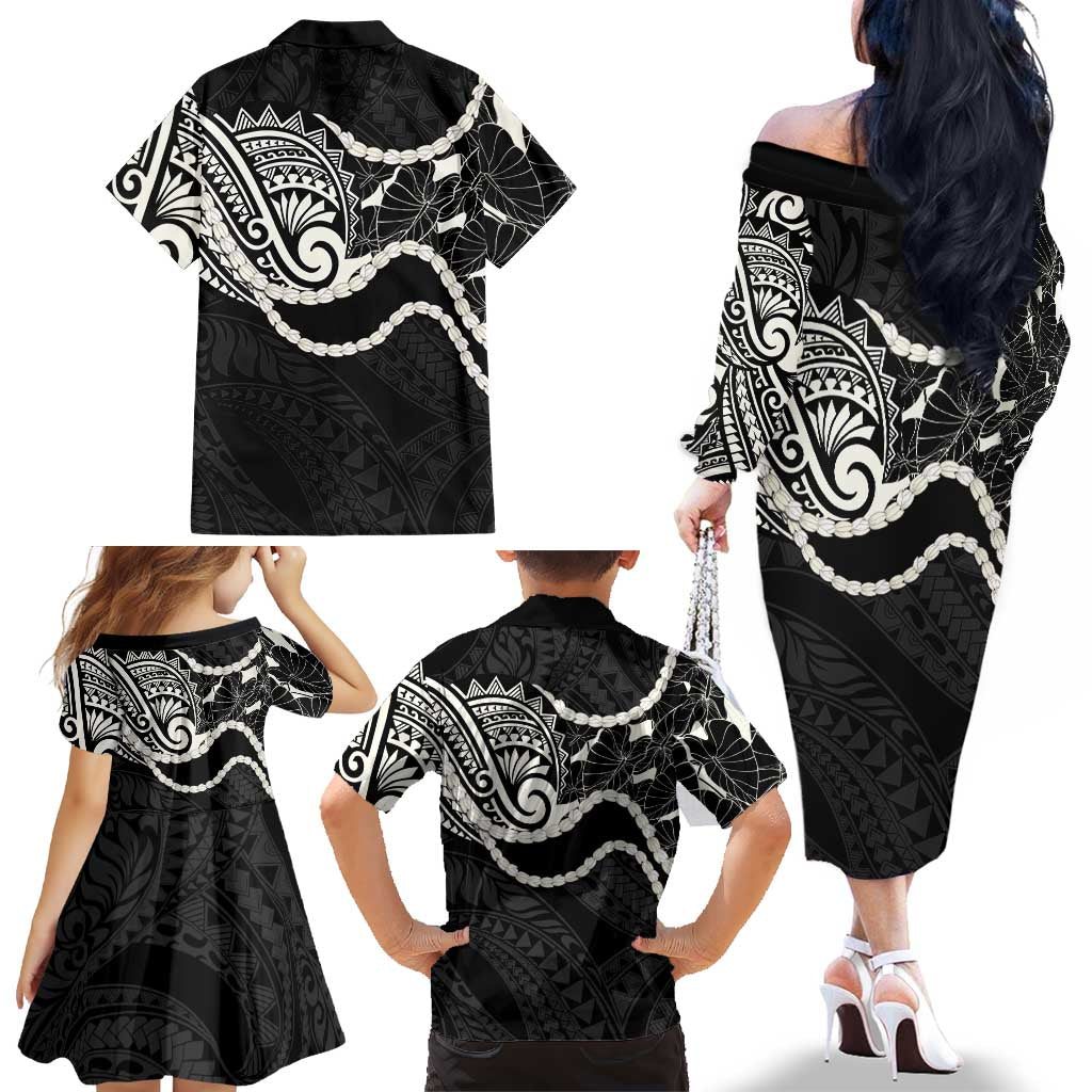 Aloha Hawaii Kalo Pikake Lei Family Matching Off The Shoulder Long Sleeve Dress and Hawaiian Shirt Chest Tattoo Black Hawaiian Pattern LT14 - Polynesian Pride