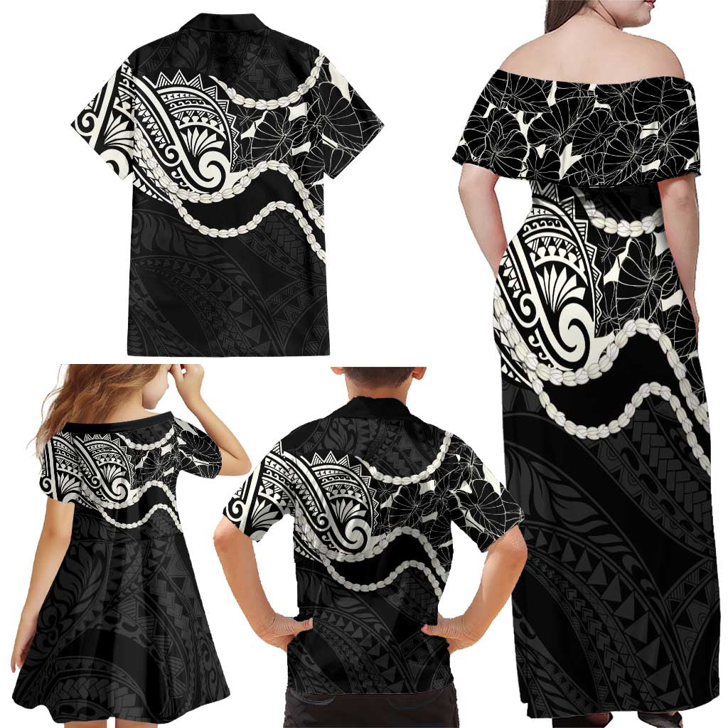 Aloha Hawaii Kalo Pikake Lei Family Matching Off Shoulder Maxi Dress and Hawaiian Shirt Chest Tattoo Black Hawaiian Pattern LT14 - Polynesian Pride