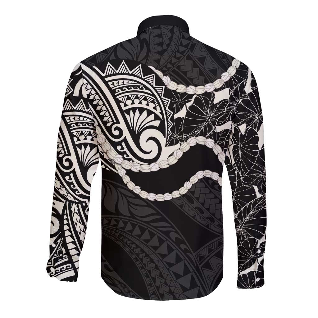 Aloha Hawaii Kalo Pikake Lei Long Sleeve Button Shirt Chest Tattoo Black Hawaiian Pattern