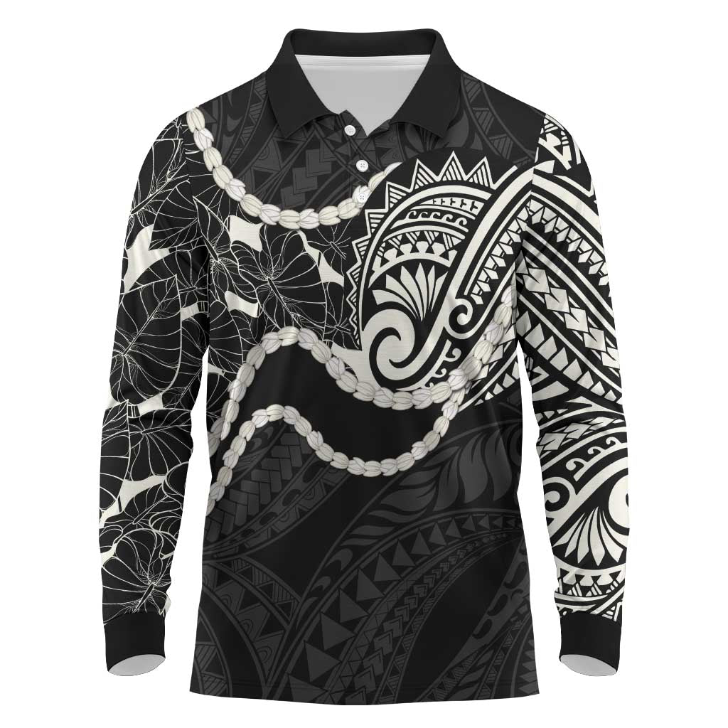 Aloha Hawaii Kalo Pikake Lei Long Sleeve Polo Shirt Chest Tattoo Black Hawaiian Pattern