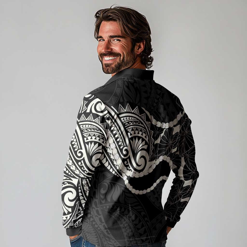 Aloha Hawaii Kalo Pikake Lei Long Sleeve Polo Shirt Chest Tattoo Black Hawaiian Pattern