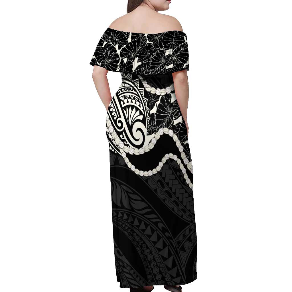Aloha Hawaii Kalo Pikake Lei Off Shoulder Maxi Dress Chest Tattoo Black Hawaiian Pattern