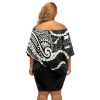 Aloha Hawaii Kalo Pikake Lei Off Shoulder Short Dress Chest Tattoo Black Hawaiian Pattern