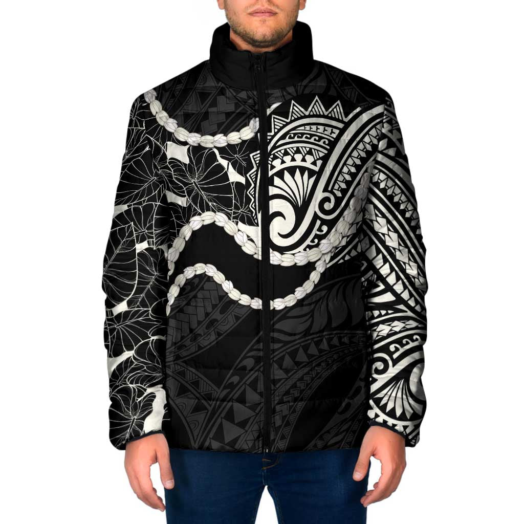 Aloha Hawaii Kalo Pikake Lei Padded Jacket Chest Tattoo Black Hawaiian Pattern