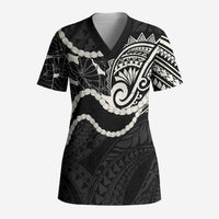 Aloha Hawaii Kalo Pikake Lei Scrub Top Chest Tattoo Black Hawaiian Pattern
