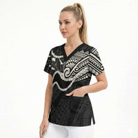 Aloha Hawaii Kalo Pikake Lei Scrub Top Chest Tattoo Black Hawaiian Pattern