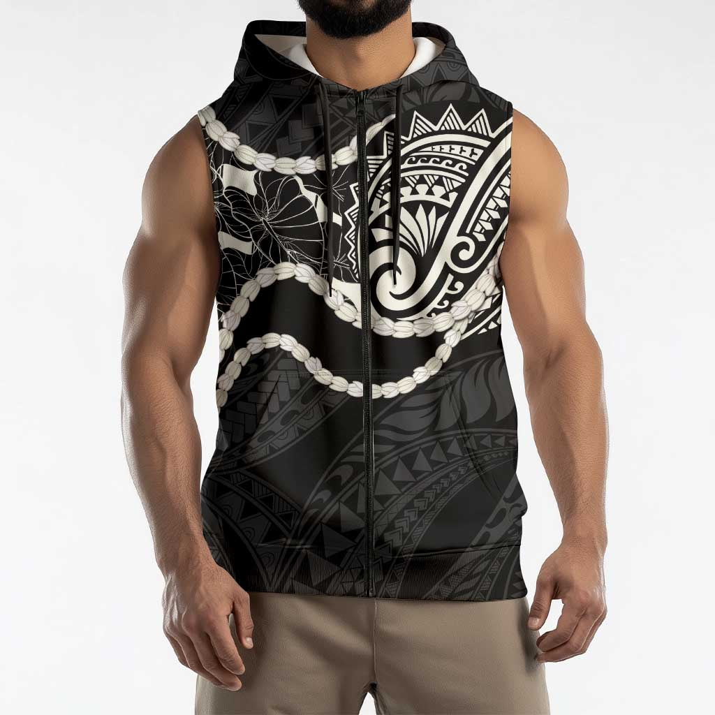 Aloha Hawaii Kalo Pikake Lei Sleeveless Zip Hoodie Chest Tattoo Black Hawaiian Pattern