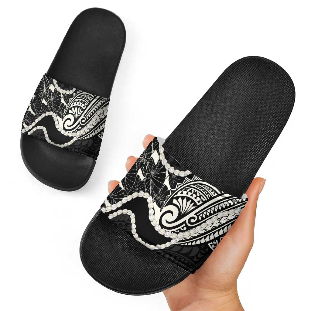 Aloha Hawaii Kalo Pikake Lei Slide Sandals Chest Tattoo Black Hawaiian Pattern