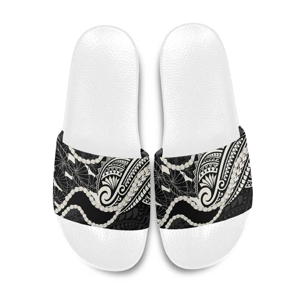 Aloha Hawaii Kalo Pikake Lei Slide Sandals Chest Tattoo Black Hawaiian Pattern