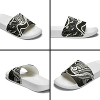 Aloha Hawaii Kalo Pikake Lei Slide Sandals Chest Tattoo Black Hawaiian Pattern