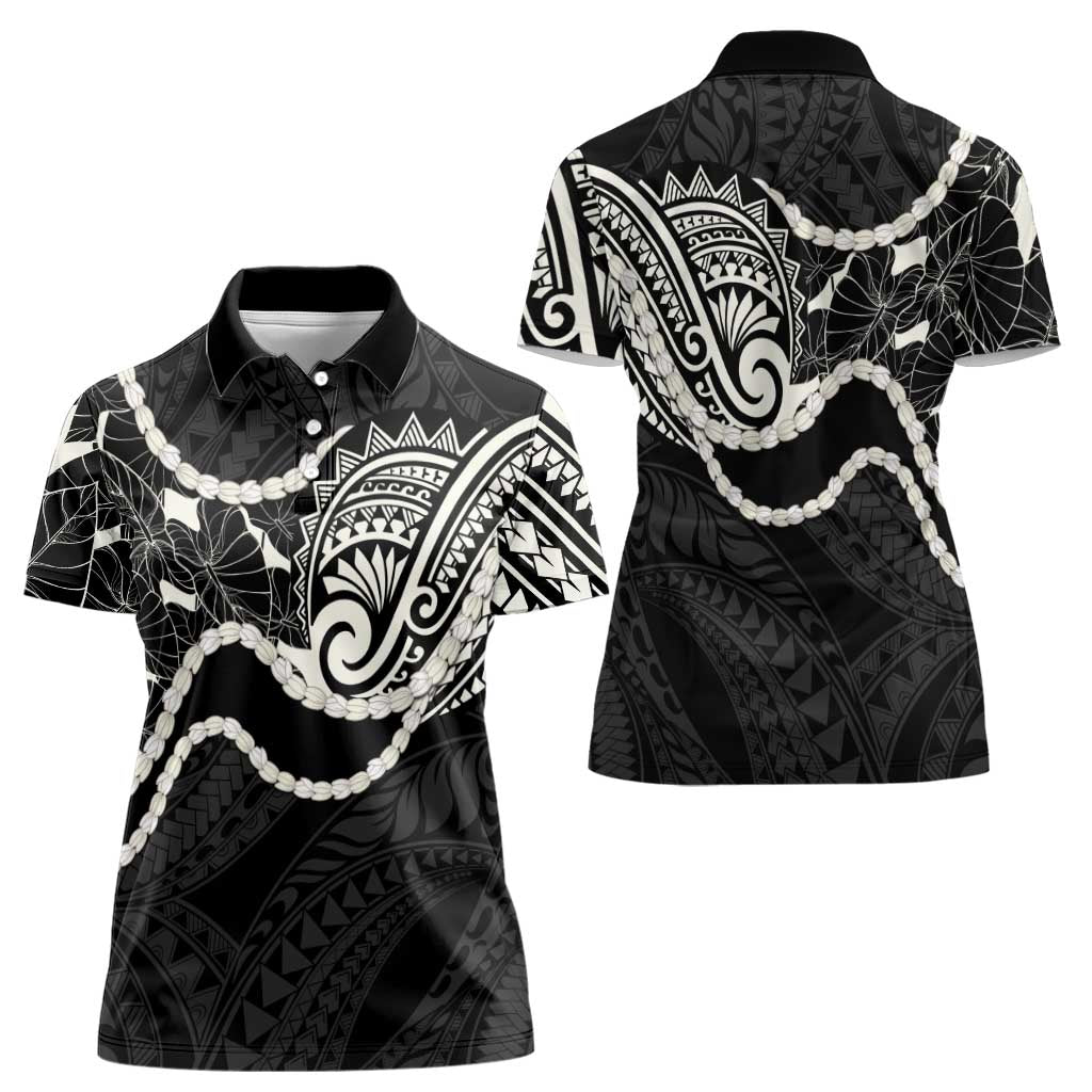 Aloha Hawaii Kalo Pikake Lei Women Polo Shirt Chest Tattoo Black Hawaiian Pattern LT14 - Polynesian Pride