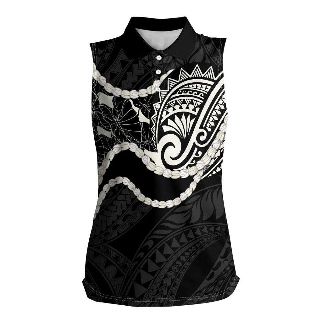 Aloha Hawaii Kalo Pikake Lei Women Sleeveless Polo Shirt Chest Tattoo Black Hawaiian Pattern LT14 Female Black - Polynesian Pride