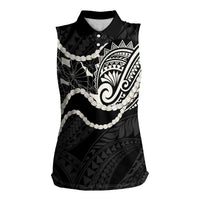 Aloha Hawaii Kalo Pikake Lei Women Sleeveless Polo Shirt Chest Tattoo Black Hawaiian Pattern LT14 Female Black - Polynesian Pride