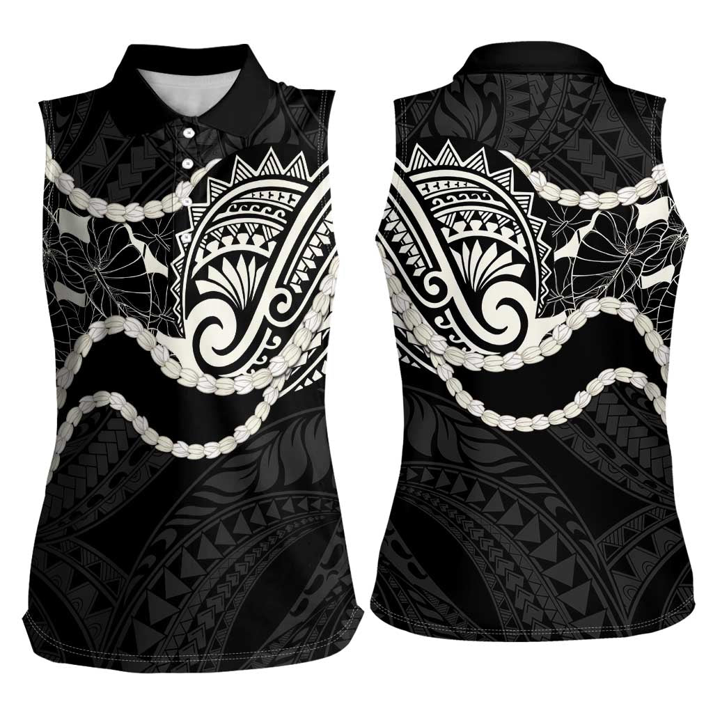 Aloha Hawaii Kalo Pikake Lei Women Sleeveless Polo Shirt Chest Tattoo Black Hawaiian Pattern LT14 - Polynesian Pride