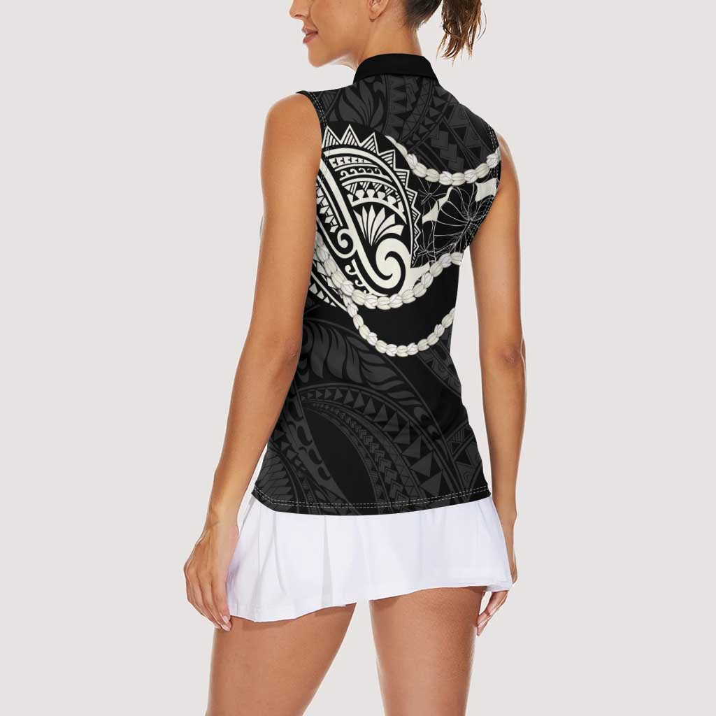 Aloha Hawaii Kalo Pikake Lei Women Sleeveless Polo Shirt Chest Tattoo Black Hawaiian Pattern LT14 - Polynesian Pride