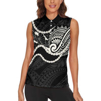 Aloha Hawaii Kalo Pikake Lei Women Sleeveless Polo Shirt Chest Tattoo Black Hawaiian Pattern LT14 - Polynesian Pride
