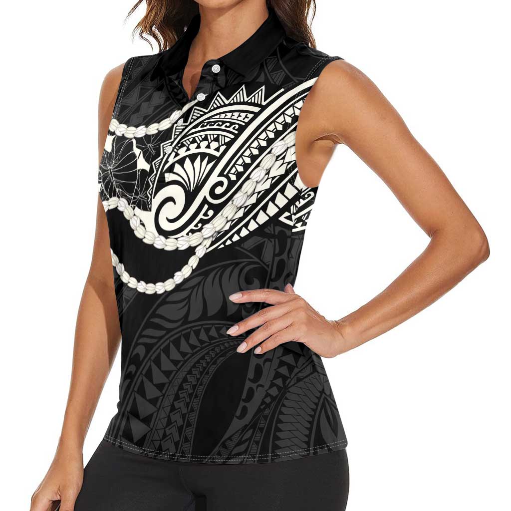 Aloha Hawaii Kalo Pikake Lei Women Sleeveless Polo Shirt Chest Tattoo Black Hawaiian Pattern LT14 - Polynesian Pride