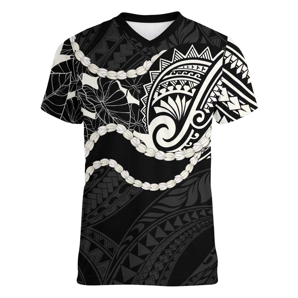 Aloha Hawaii Kalo Pikake Lei Women V-Neck T-Shirt Chest Tattoo Black Hawaiian Pattern LT14 Female Black - Polynesian Pride