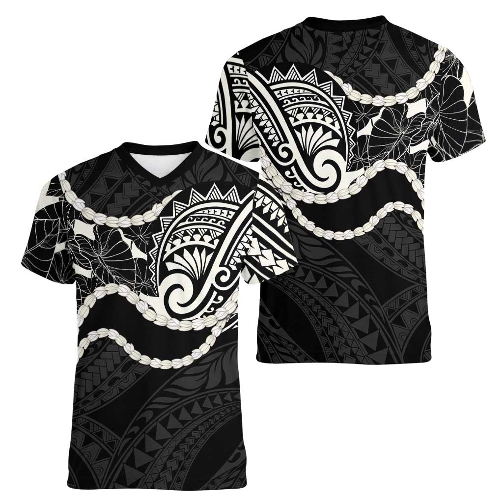 Aloha Hawaii Kalo Pikake Lei Women V-Neck T-Shirt Chest Tattoo Black Hawaiian Pattern LT14 - Polynesian Pride
