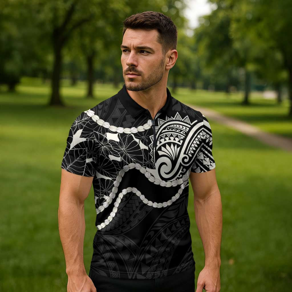 Aloha Hawaii Kalo Pikake Lei Zipper Polo Shirt Chest Tattoo Black Hawaiian Pattern