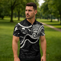 Aloha Hawaii Kalo Pikake Lei Zipper Polo Shirt Chest Tattoo Black Hawaiian Pattern