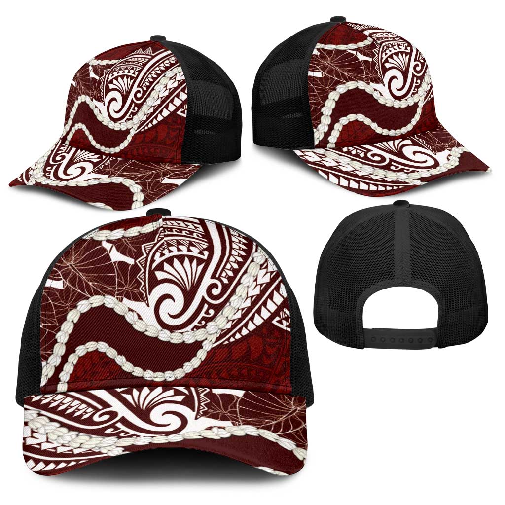 Aloha Hawaii Kalo Pikake Lei Baseball Net Cap Chest Tattoo Oxblood Hawaiian Pattern