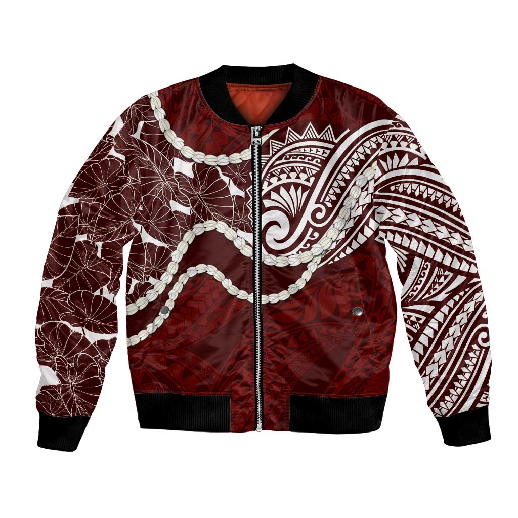 Aloha Hawaii Kalo Pikake Lei Bomber Jacket Chest Tattoo Oxblood Hawaiian Pattern