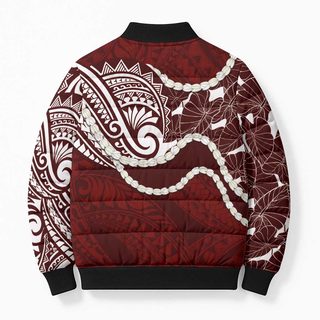 Aloha Hawaii Kalo Pikake Lei Bomber Puffer Jacket Chest Tattoo Oxblood Hawaiian Pattern