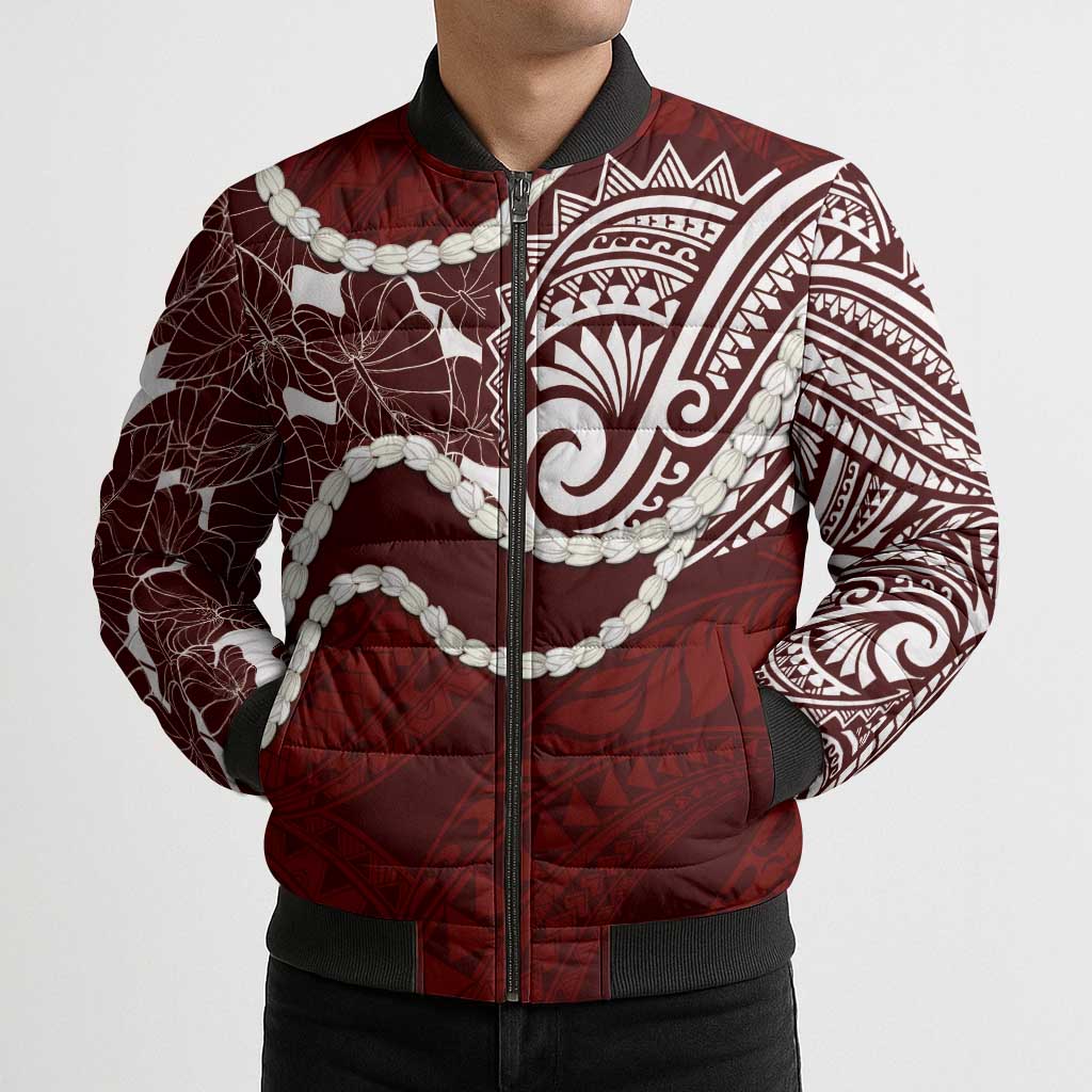 Aloha Hawaii Kalo Pikake Lei Bomber Puffer Jacket Chest Tattoo Oxblood Hawaiian Pattern