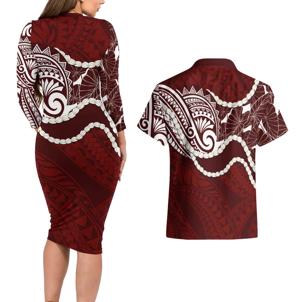 Aloha Hawaii Kalo Pikake Lei Couples Matching Long Sleeve Bodycon Dress and Hawaiian Shirt Chest Tattoo Oxblood Hawaiian Pattern LT14 - Polynesian Pride